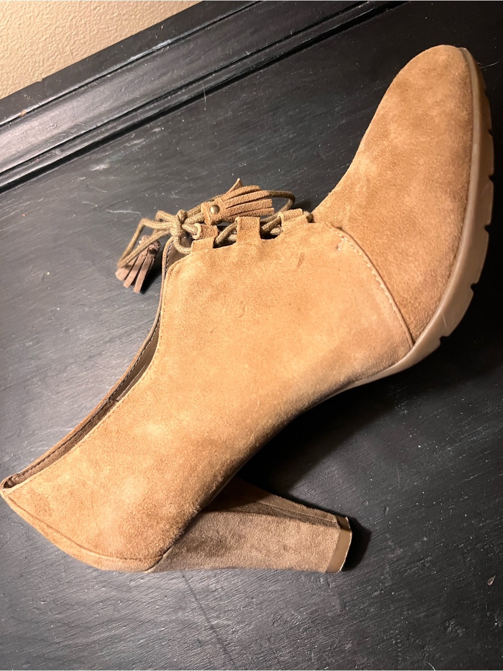 Anne Klein Tan Suede Tassel Lace-Up Block Heel